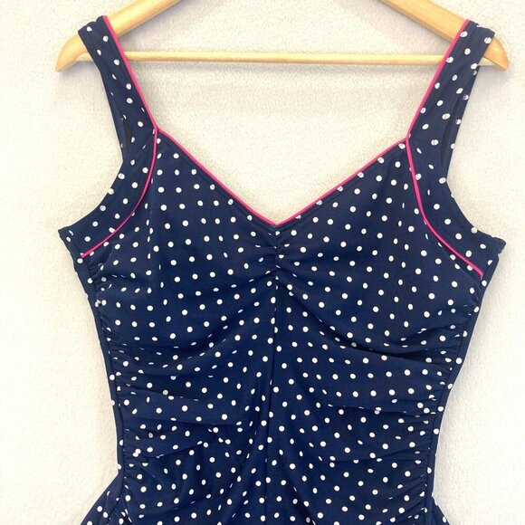 Gabar Polka Dot One Piece Swimsuit Women's 16 Navy Blue Ruched Slimming Classic - Picture 3 of 16